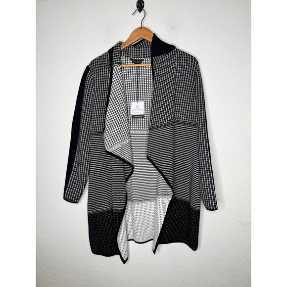Ming Wang Womens Checkard Black White Sweater Open Cardigan Size Medium Oversize - Picture 1 of 8